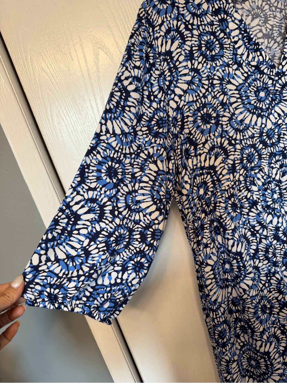 Olsen XL/16 Blue Floral Batik 3/4 Sleeve Swing V-Neck Tunic Dress Boho Resort - Picture 5 of 11